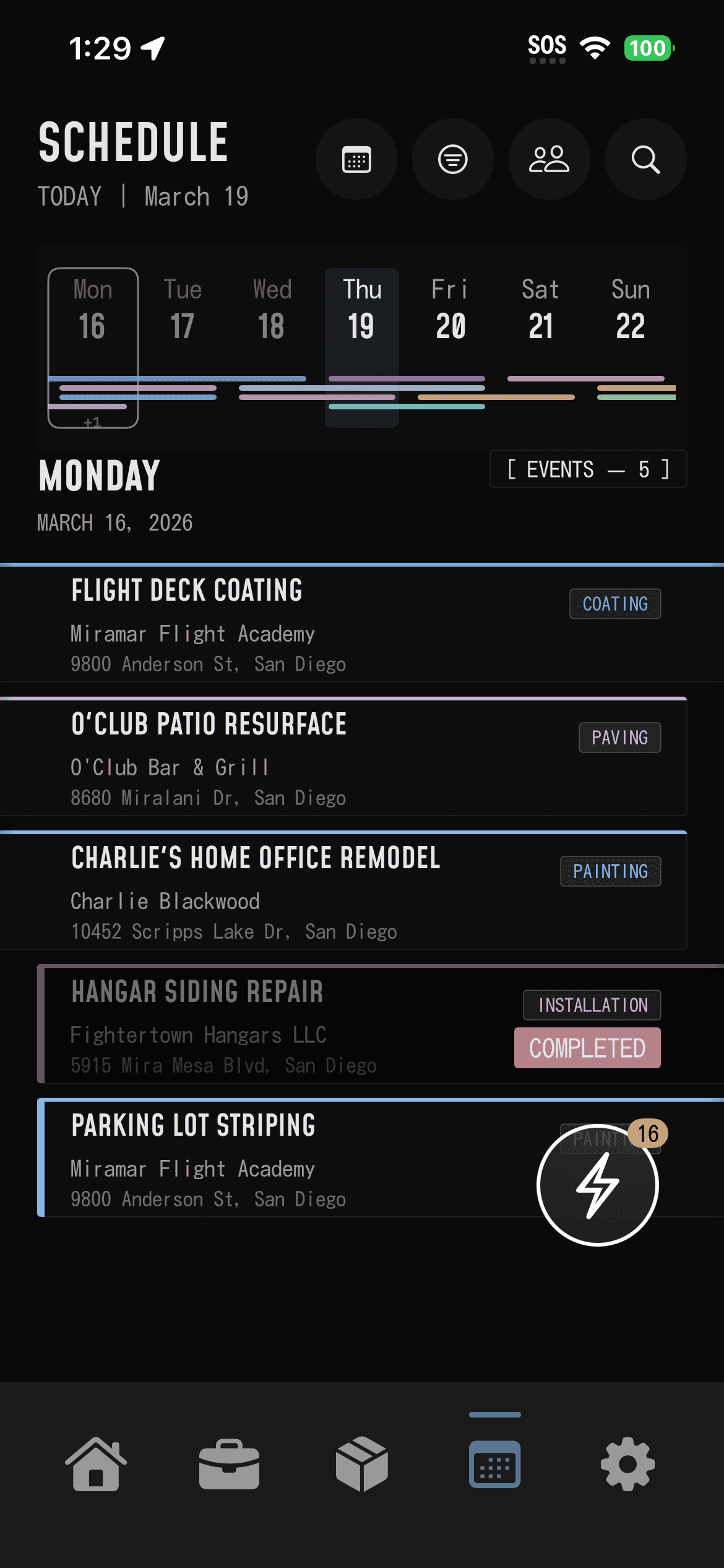 OPS for iPhone schedule showing example jobs, dates, addresses and task types.